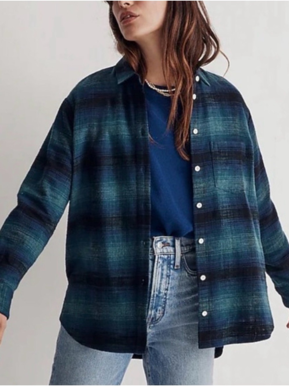 Madewell Blue Green Plaid Cotton Button-Up Shirt